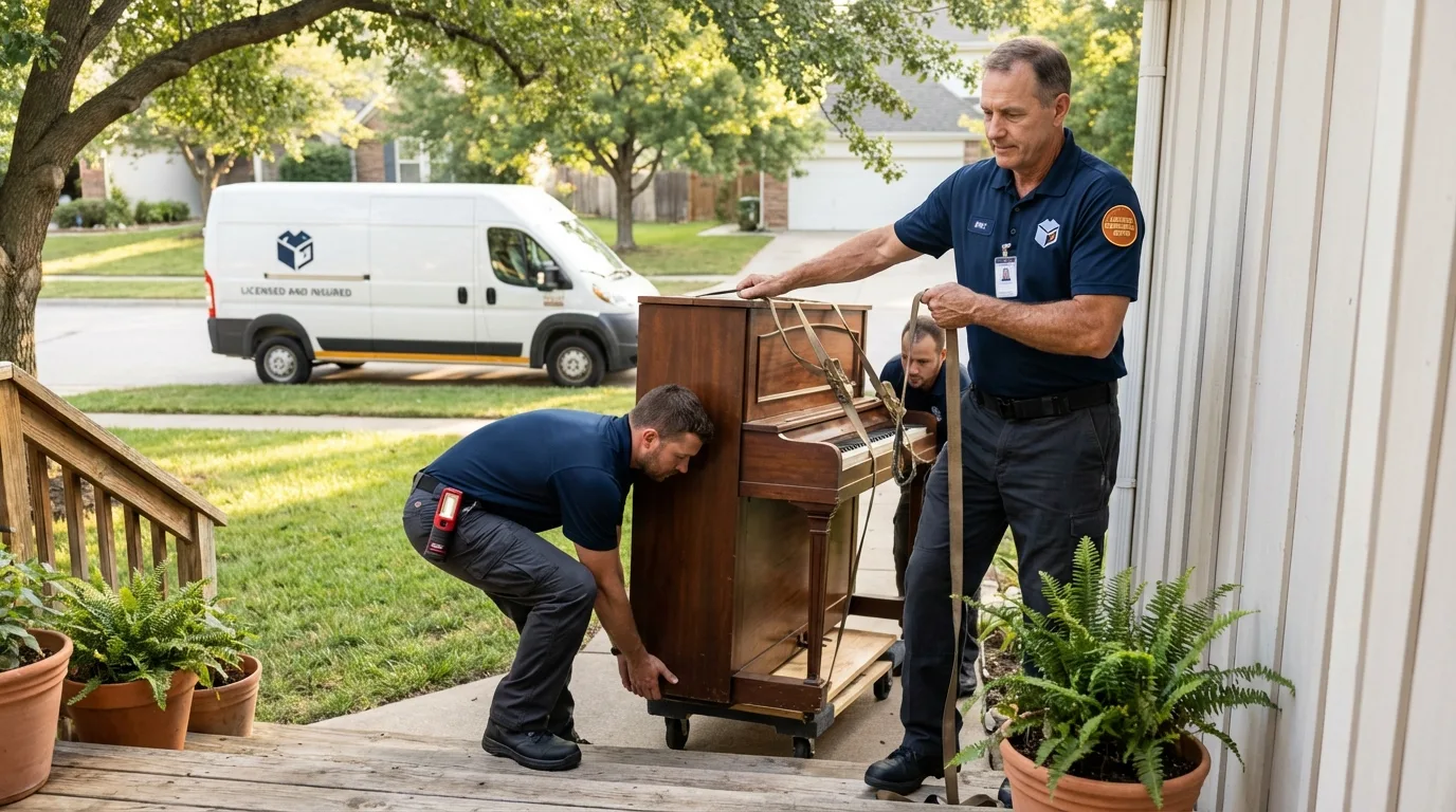 Licensed piano movers securing grand piano in Rittman, OH