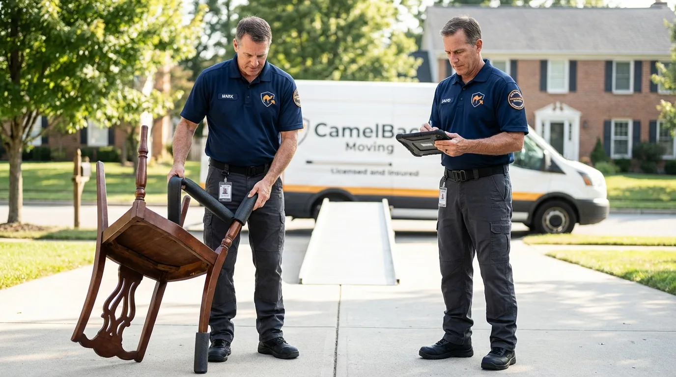 Movers inspecting furniture for damage prevention before loading in Rittman, OH