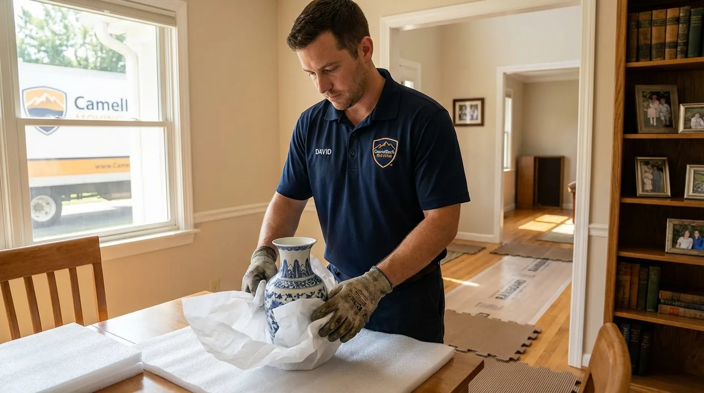 Professional crew carefully wrapping antique vase for senior downsizing move in Rittman, OH